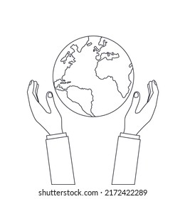 Hands holding globe earth icon line drawing style Vector Earth Globe in Hands. Sketch of Two Human Hands Carefully Holding Blue and Green Earth Planet Globe outline illustration Vector Concept