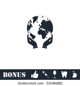 Hands holding globe earth icon flat. Vector illustration symbol and bonus pictogram