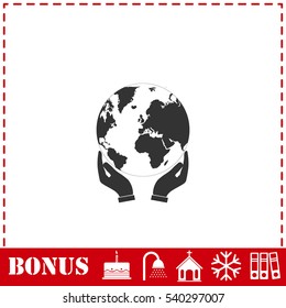 Hands holding globe earth icon flat. Simple vector symbol and bonus icon