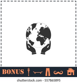 Hands holding globe earth icon flat. Simple vector symbol and bonus icon