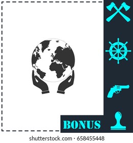 Hands holding globe earth icon flat. Simple vector symbol and bonus icon