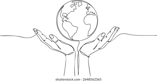 hands holding globe earth one line continuous drawing