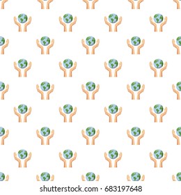 Hands holding globe earth pattern seamless repeat in cartoon style vector illustration