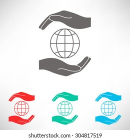 Hands holding Globe earth. Set of varicolored icons.