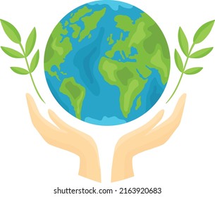 Hands holding globe, earth with small leaves. Earth day concept. Earth day vector illustration for poster, banner, print, web.