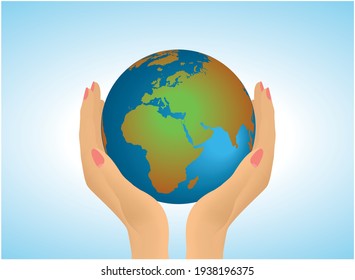 Hands holding Globe with Earth. Vector illustration.