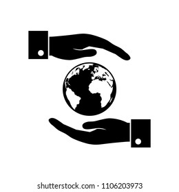 Hands holding globe earth web black icon. Save earth concept. Vector illustration