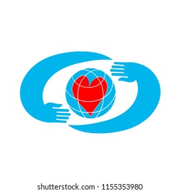 Hands holding globe earth web icon.