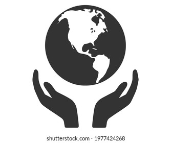 hands holding globe earth web black icon. save earth concept vector illustration