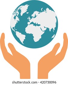 hands holding globe earth web black icon. save earth concept vector illustration