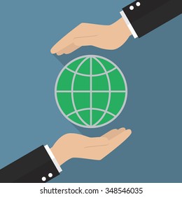 Hands holding globe. Global Earth Care