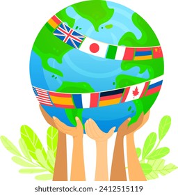 Hands holding globe with international flags. Unity and environmental conservation concept vector illustration.