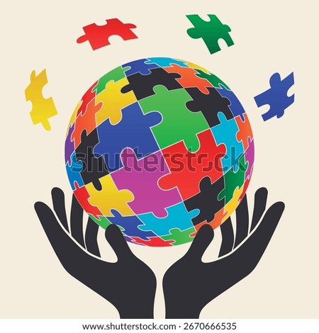 Hands holding  globe jigsaw puzzle with scattered pieces. Vector isolated on white background.