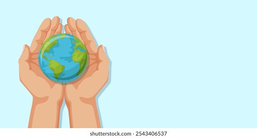 Hands holding globe on a light blue background. Vector illustration