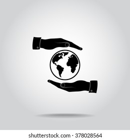 Hands holding globe sign icon, vector illustration. Flat design style 