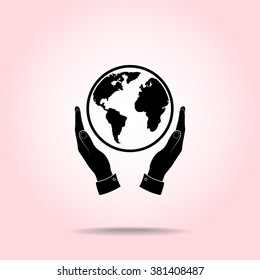 Hands holding globe sign icon, vector illustration. Flat design style 