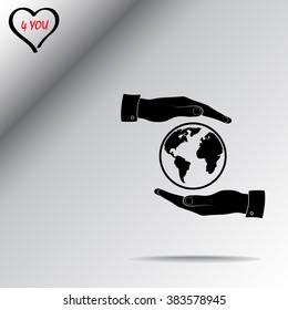 Hands holding globe sign icon, vector illustration. Flat design style 