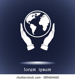 Hands holding globe sign icon, vector illustration. Flat design style 