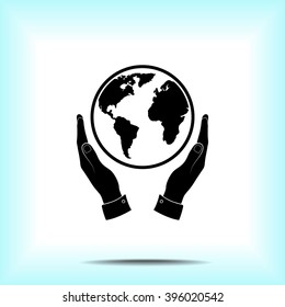 Hands holding globe sign icon, vector illustration. Flat design style 