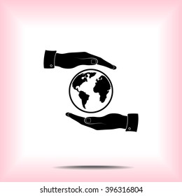 Hands holding globe sign icon, vector illustration. Flat design style 