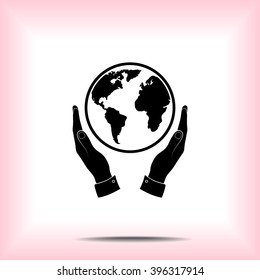 Hands holding globe sign icon, vector illustration. Flat design style 