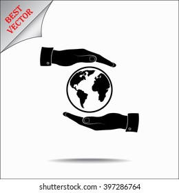 Hands holding globe sign icon, vector illustration. Flat design style 