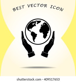 Hands holding globe sign icon, vector illustration. Flat design style 