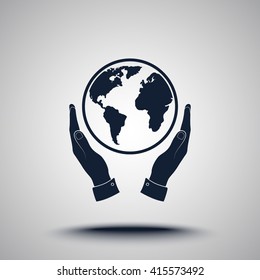 Hands holding globe sign icon, vector illustration. Flat design style 