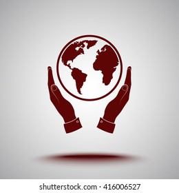 Hands holding globe sign icon, vector illustration. Flat design style 
