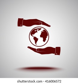 Hands holding globe sign icon, vector illustration. Flat design style 