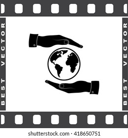 Hands holding globe sign icon, vector illustration. Flat design style 
