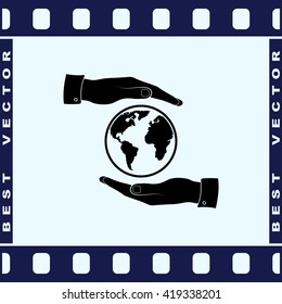 Hands holding globe sign icon, vector illustration. Flat design style 