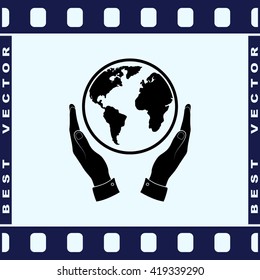 Hands holding globe sign icon, vector illustration. Flat design style 