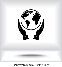 Hands holding globe sign icon, vector illustration. Flat design style 