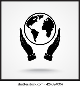 Hands holding globe sign icon, vector illustration. Flat design style 