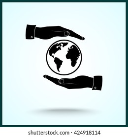 Hands holding globe sign icon, vector illustration. Flat design style 