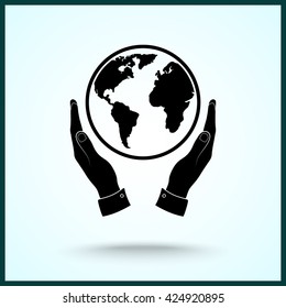 Hands holding globe sign icon, vector illustration. Flat design style 