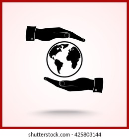 Hands holding globe sign icon, vector illustration. Flat design style 
