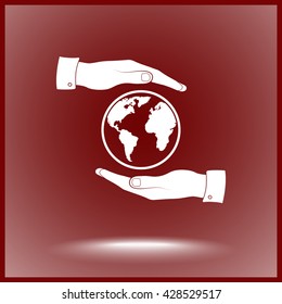 Hands holding globe sign icon, vector illustration. Flat design style 
