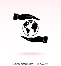 Hands holding globe sign icon, vector illustration. Flat design style 