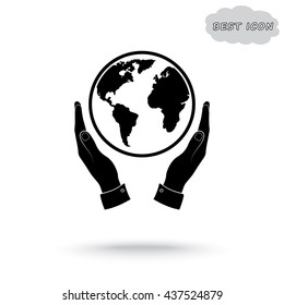 Hands holding globe sign icon, vector illustration. Flat design style 