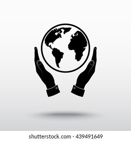 Hands holding globe sign icon, vector illustration. Flat design style 