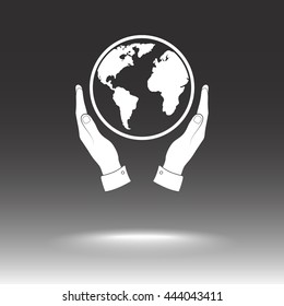 Hands holding globe sign icon, vector illustration. Flat design style 