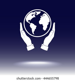 Hands holding globe sign icon, vector illustration. Flat design style 