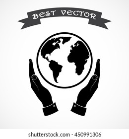 Hands holding globe sign icon, vector illustration. Flat design style 