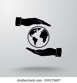 Hands holding globe sign icon, vector illustration. Flat design style 