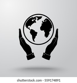 Hands holding globe sign icon, vector illustration. Flat design style 