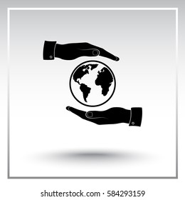 Hands holding globe sign icon, vector illustration. Flat design style 