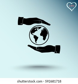 Hands holding globe sign icon, vector illustration. Flat design style 
