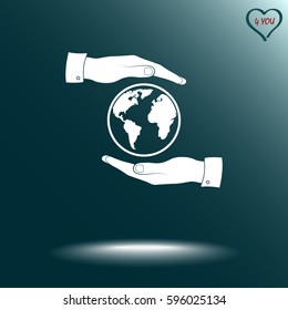 Hands holding globe sign icon, vector illustration. Flat design style 